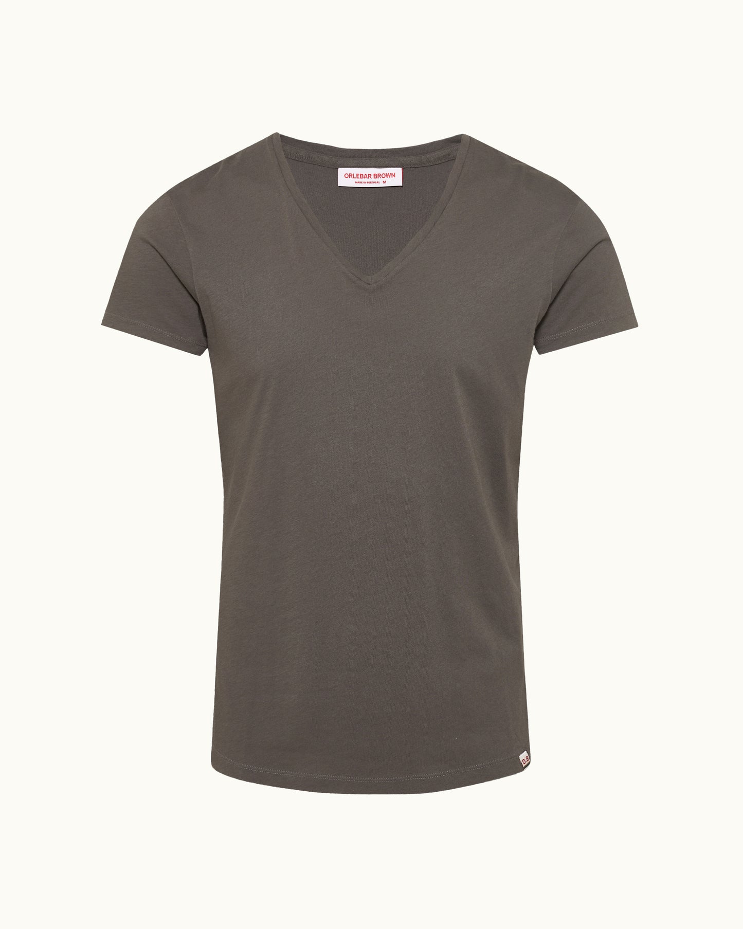 Gray t-shirt with a brand label on a white background
