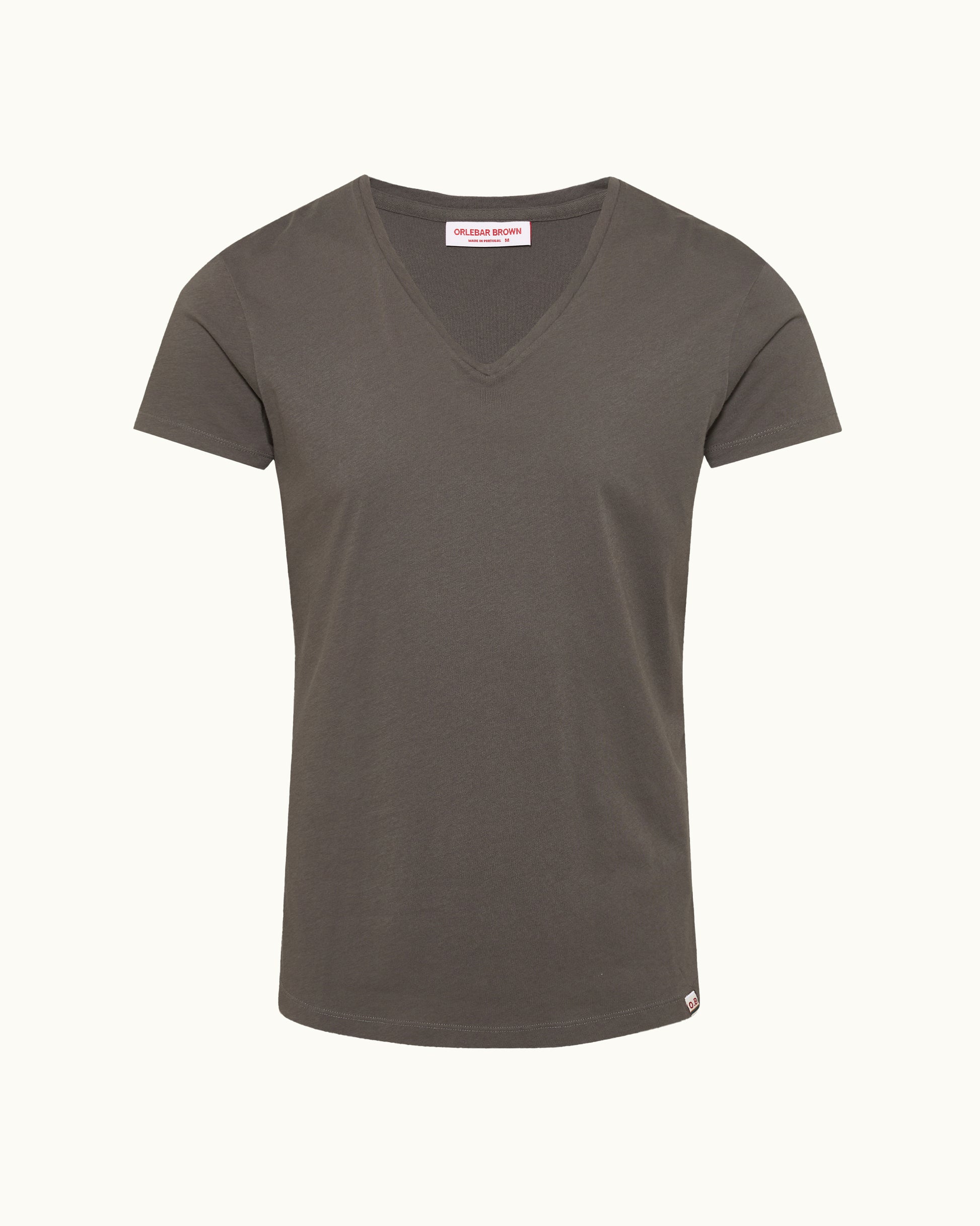 Gray t-shirt with a brand label on a white background