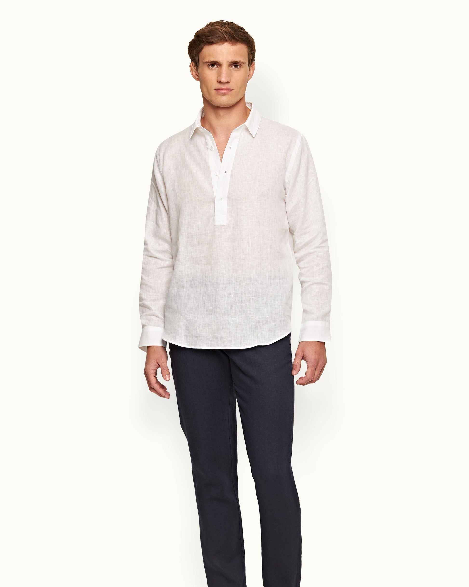 Percy - Mens White Classic Collar Overhead Linen Shirt Front Model View