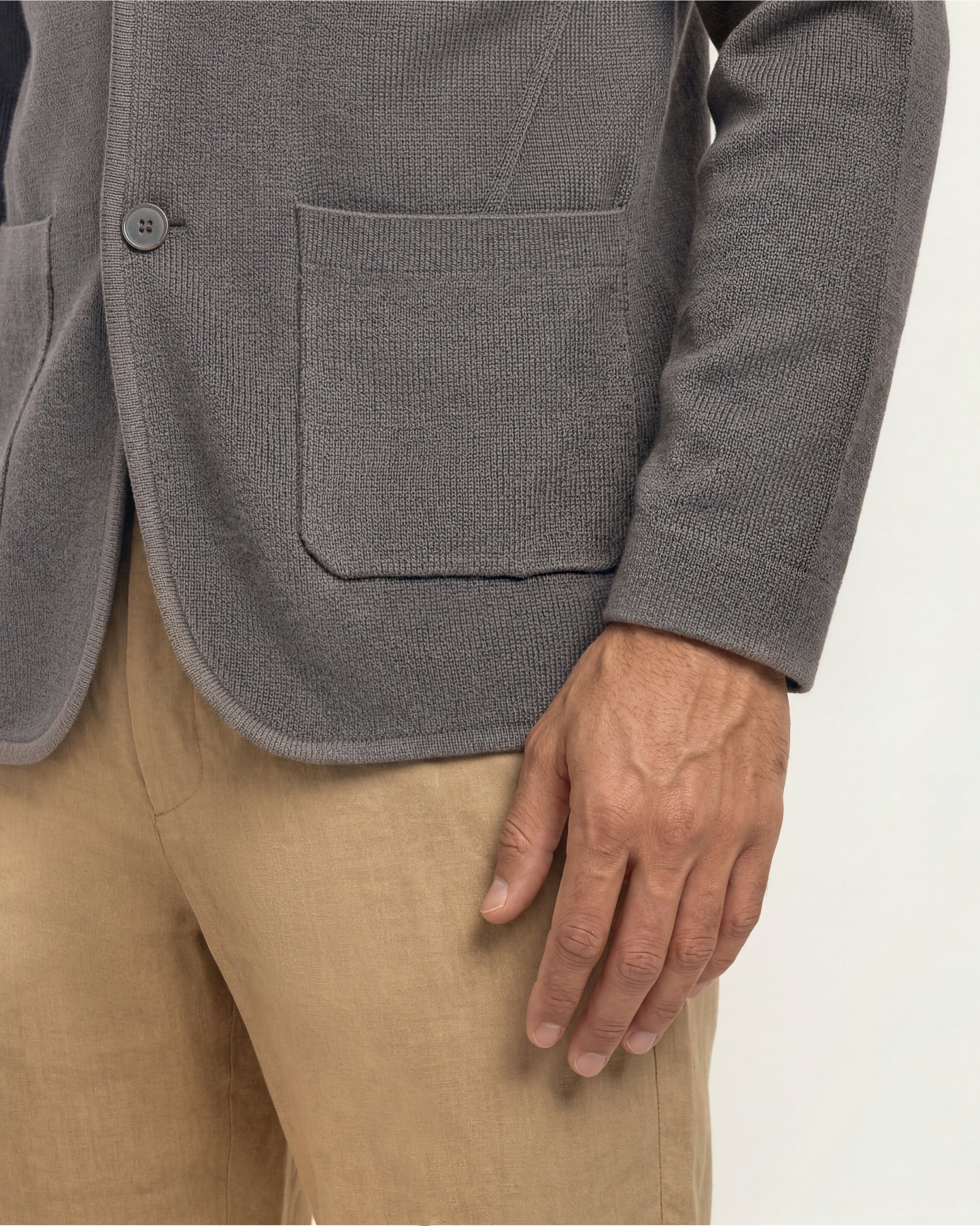 Close up of pocket detail on knitted grey jacket 