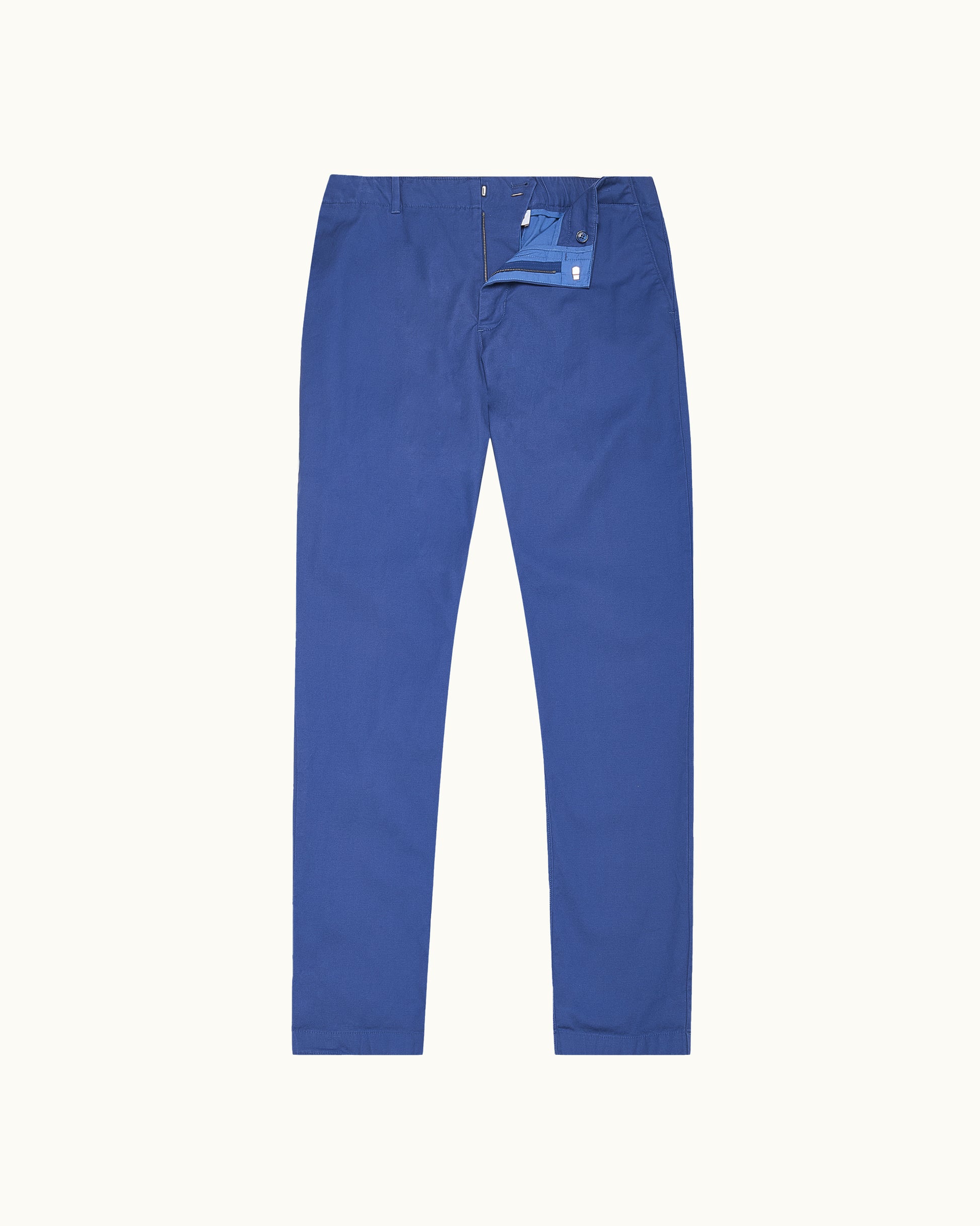 Blue pants with a tag on a white background