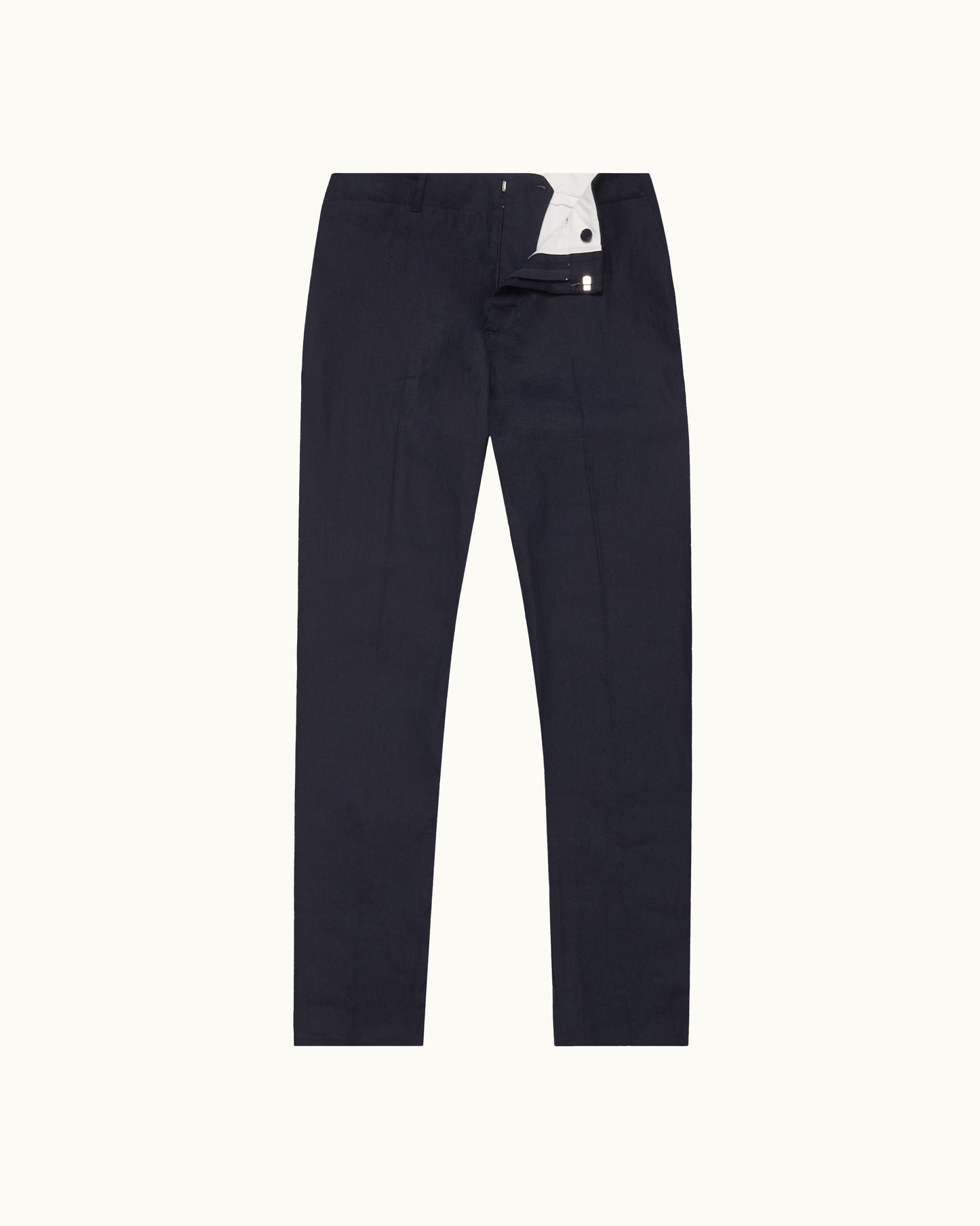 Ray linen navy tailored trousers on a white background