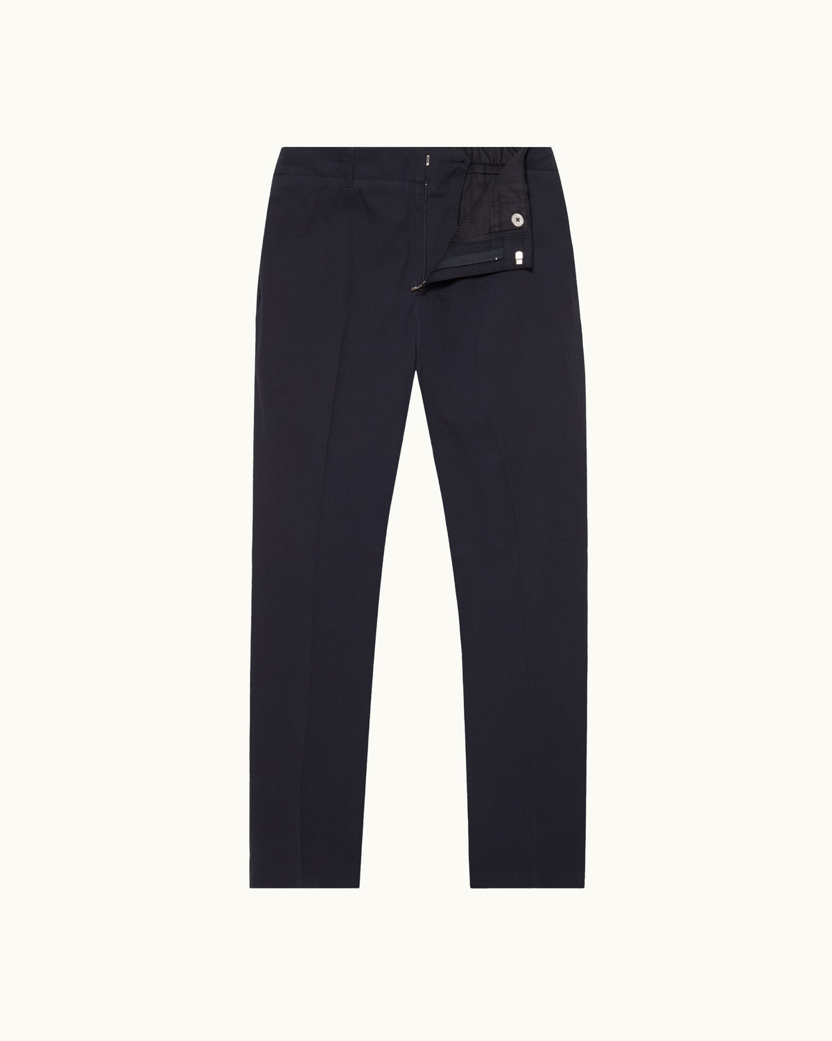 Navy seersucker trousers on a plain background