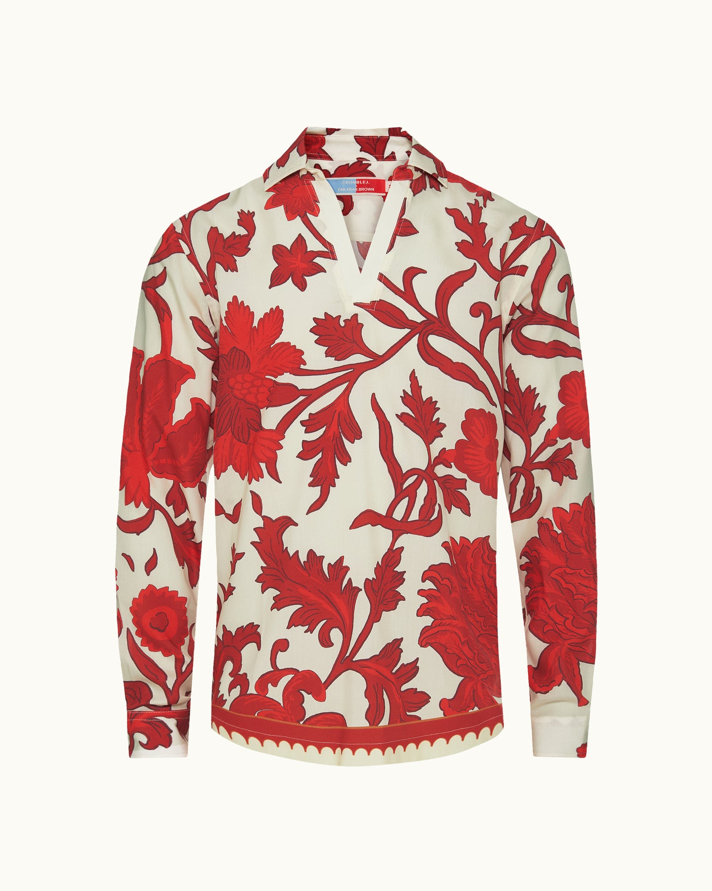 Red and white floral patterned shirt on a white background