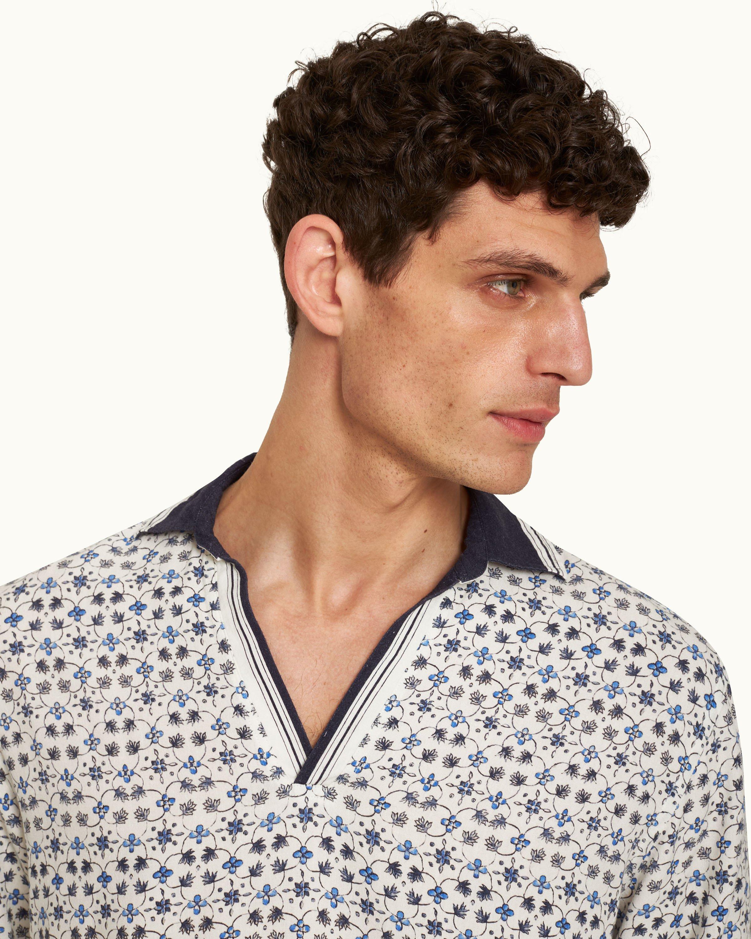 Ridley - Mens Fiore Print Relaxed Fit Resort Placket Overhead Shirt In Cashew Colour Detail View