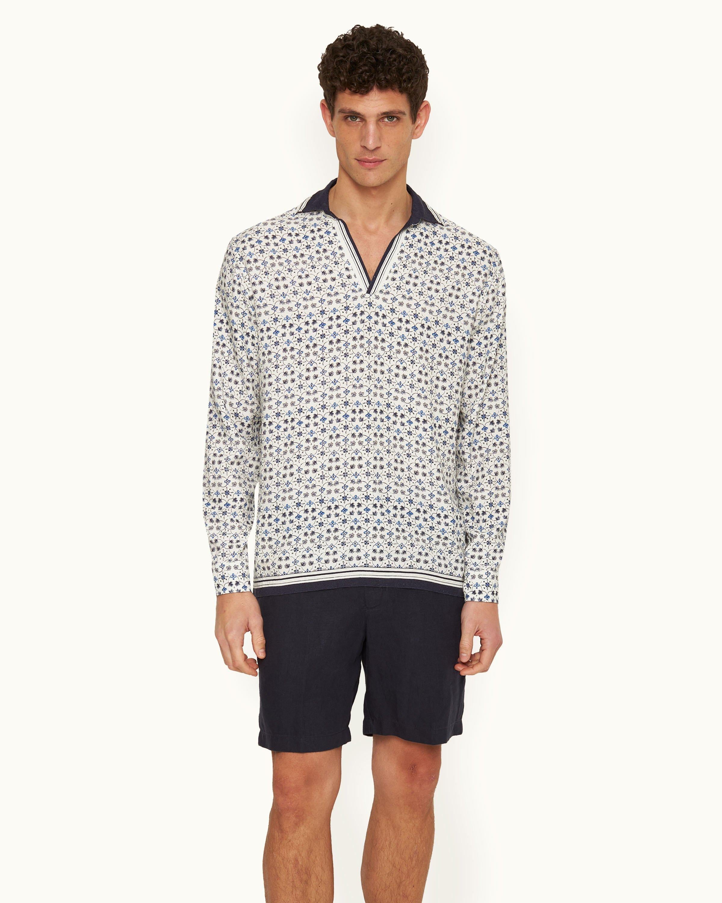 Ridley - Mens Fiore Print Relaxed Fit Resort Placket Overhead Shirt In Cashew Colour Front Model View