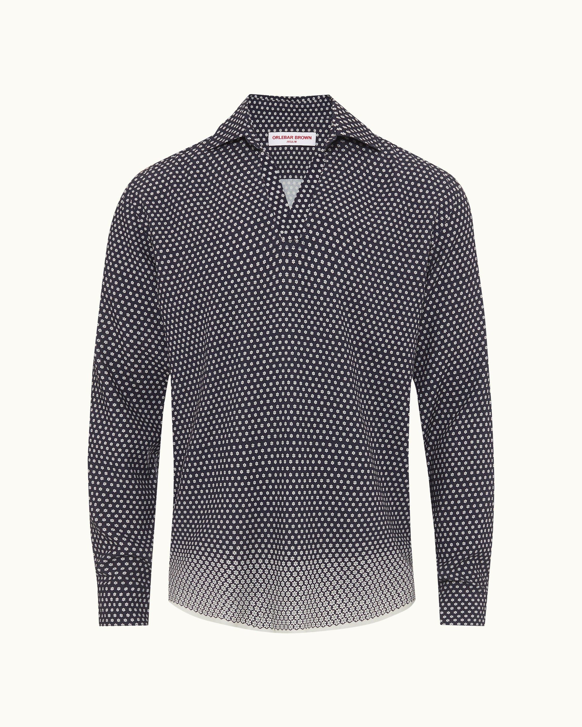 Ridley - Mens Night Iris/White Floret Classic Collar Relaxed Fit Shirt Front View