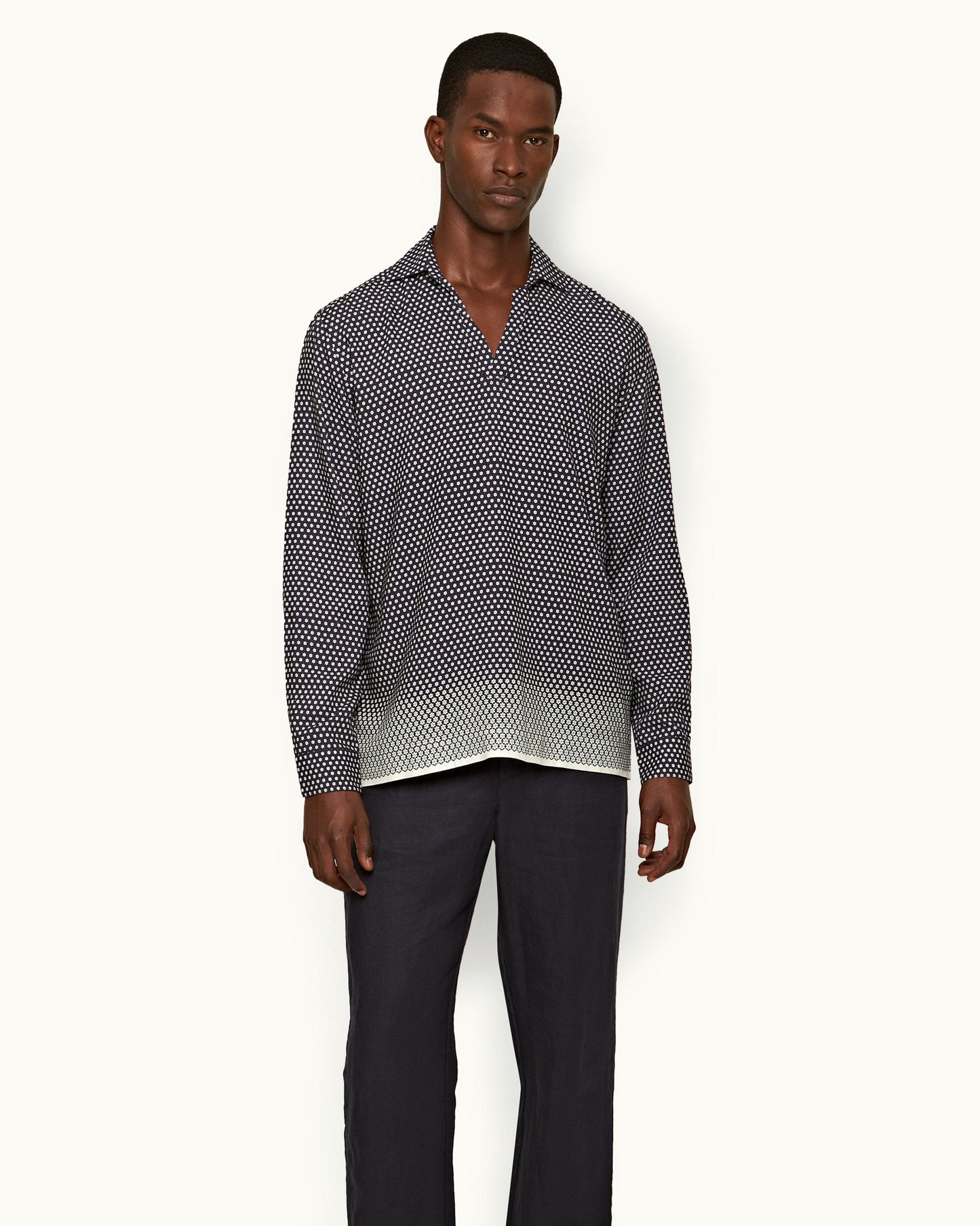 Ridley - Mens Night Iris/White Floret Classic Collar Relaxed Fit Shirt Front Model View