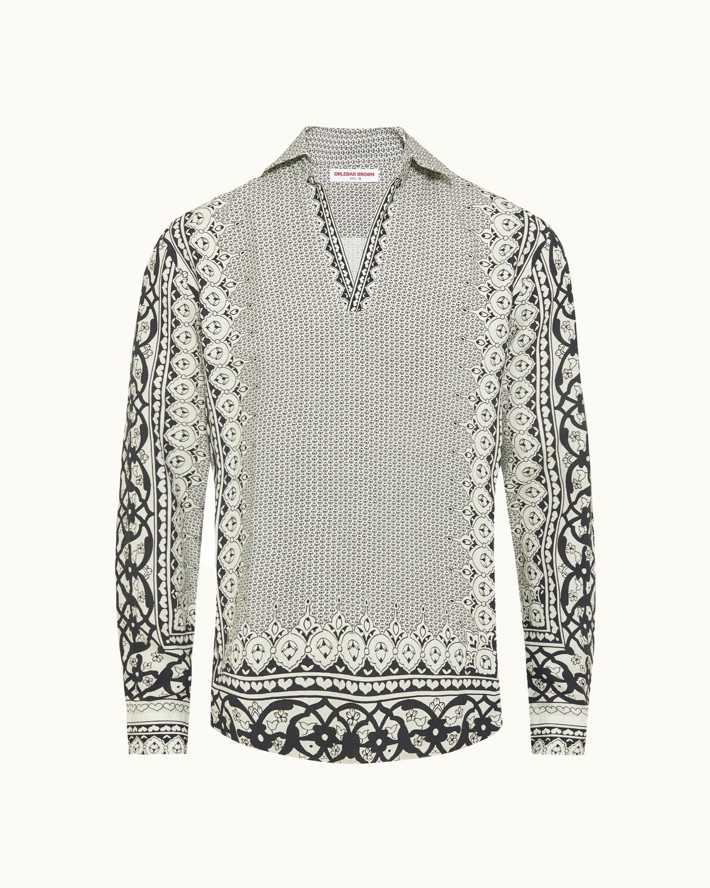 Ridley Linen - Relaxed Fit Open Resort Placket Gild Print Shirt in White Sand Front View