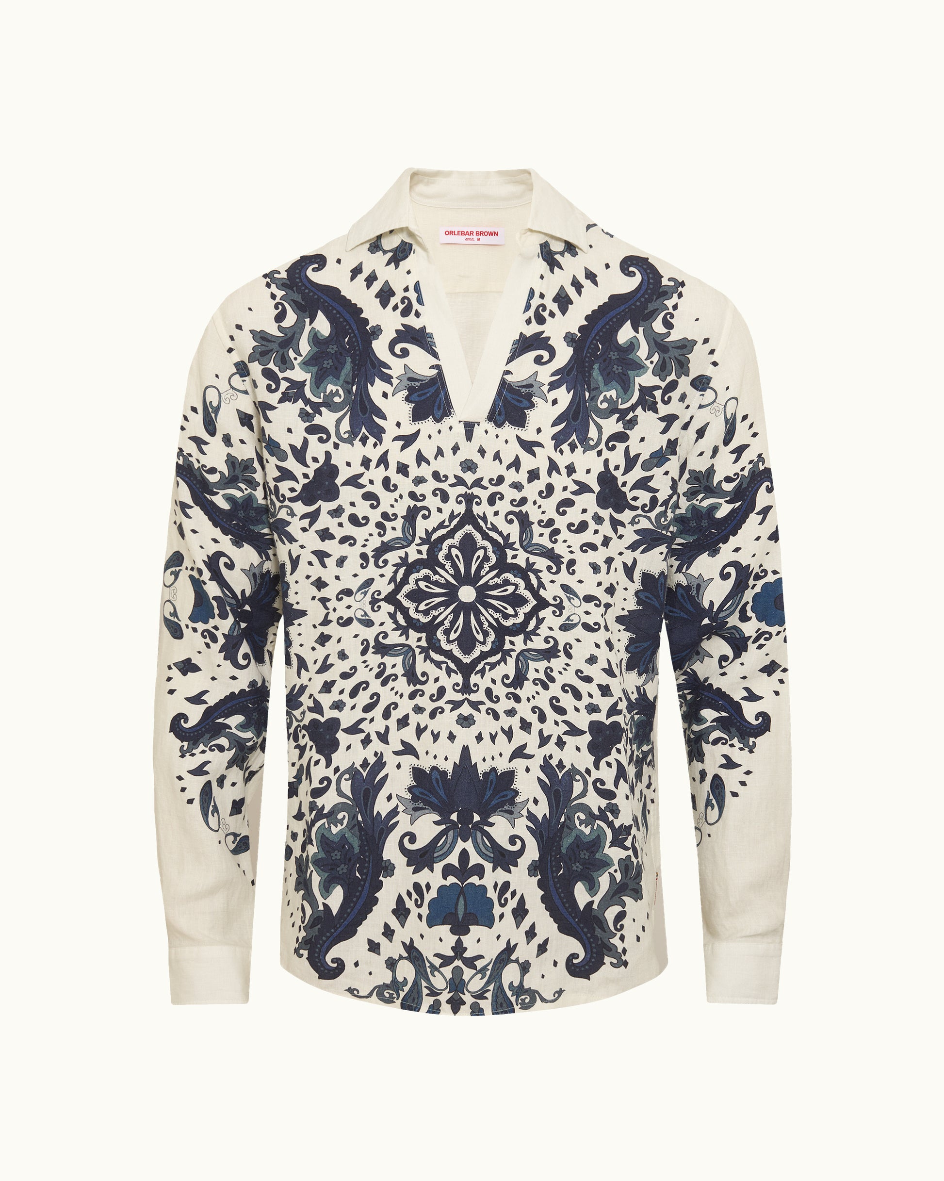White shirt with blue floral pattern on a white background