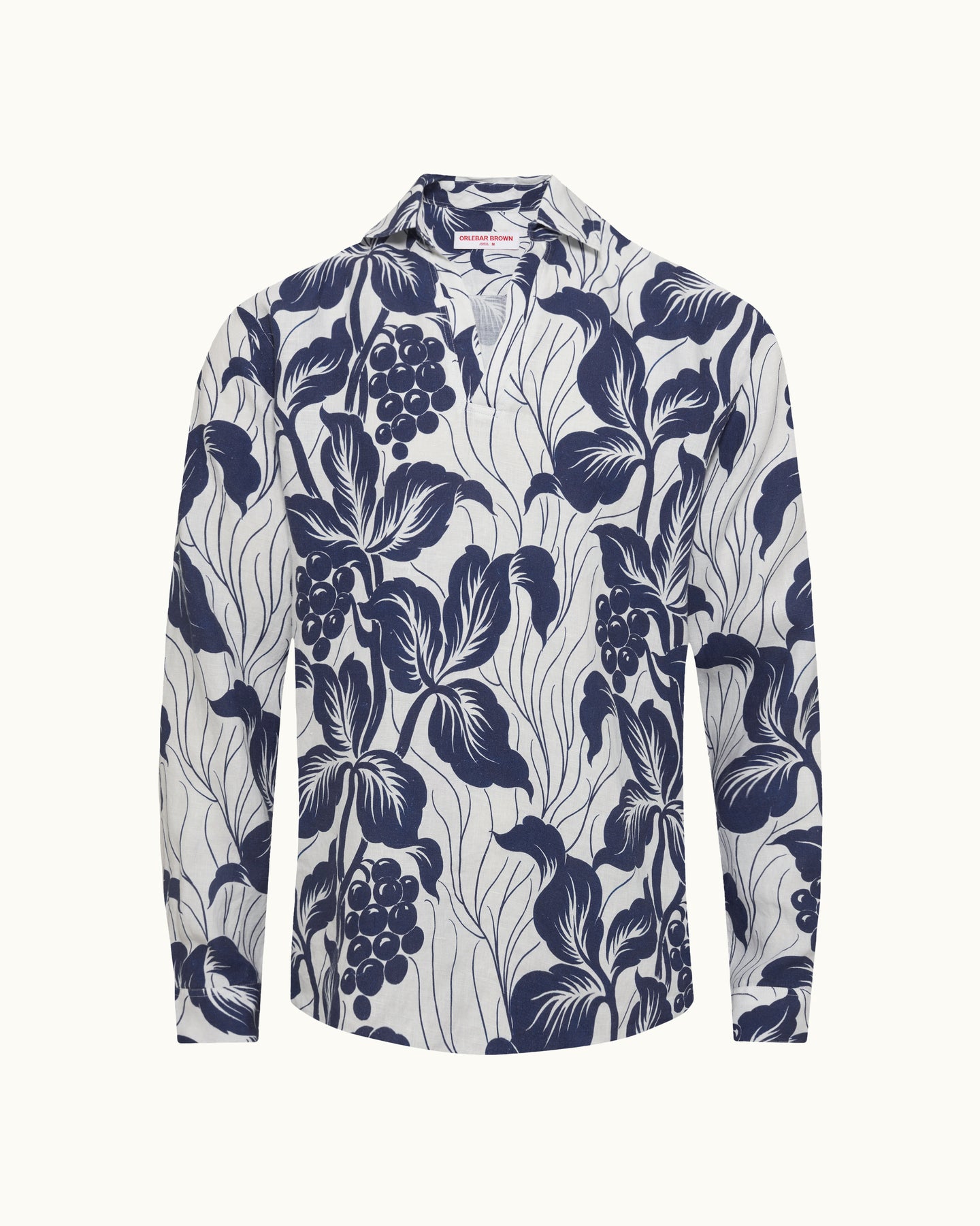 Floral patterned shirt with navy blue and white design on a white background