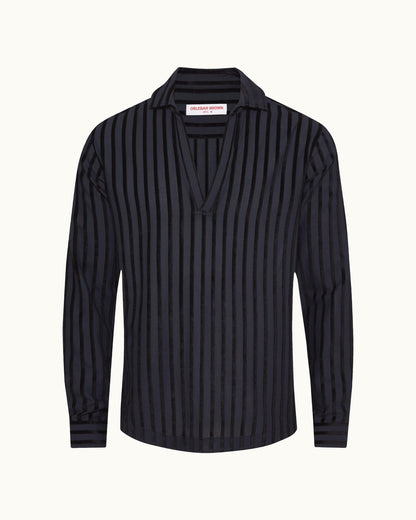 Ridley - Mens Tonal Chenille Stripe Relaxed Fit Overhead Shirt In Night Iris Blue Front View