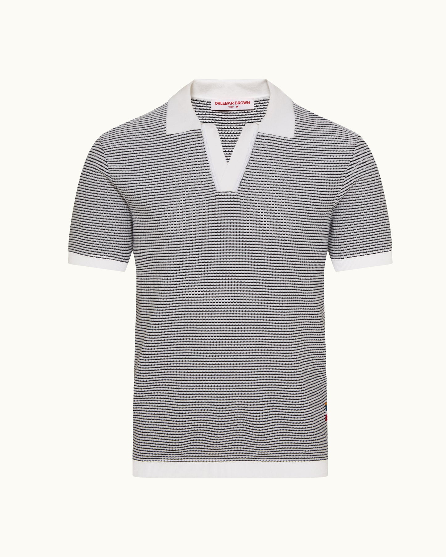 Black and white striped polo shirt with a collar on a white background
