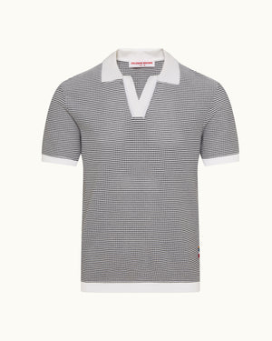 Black and white striped polo shirt with a collar on a white background