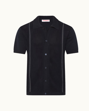 Black short-sleeve shirt with white stitching on a white background