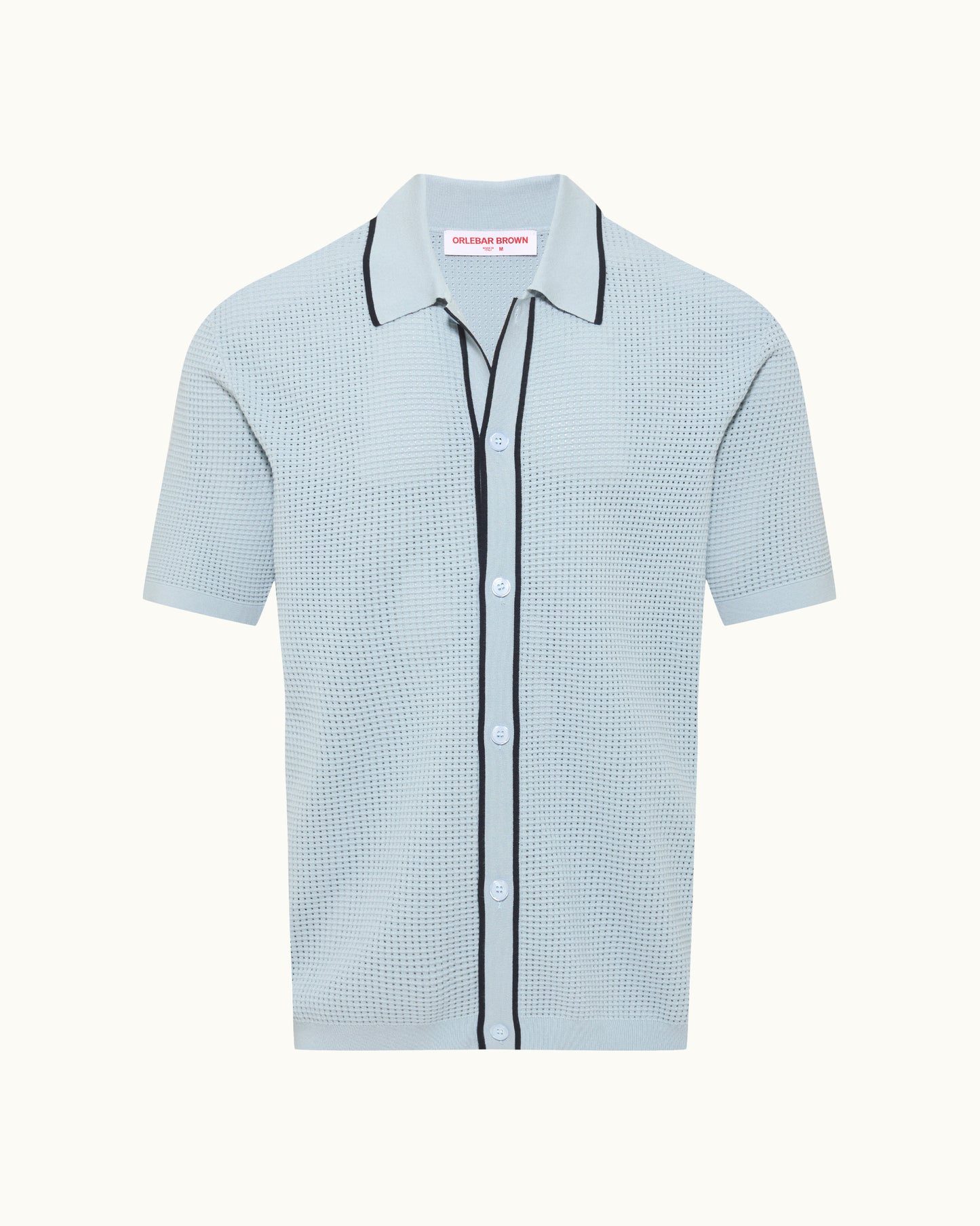 Light blue checkered shirt with black trim on a white background