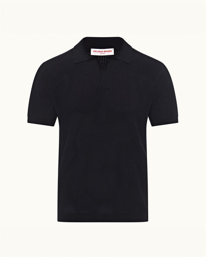 Black textured polo shirt on a white background