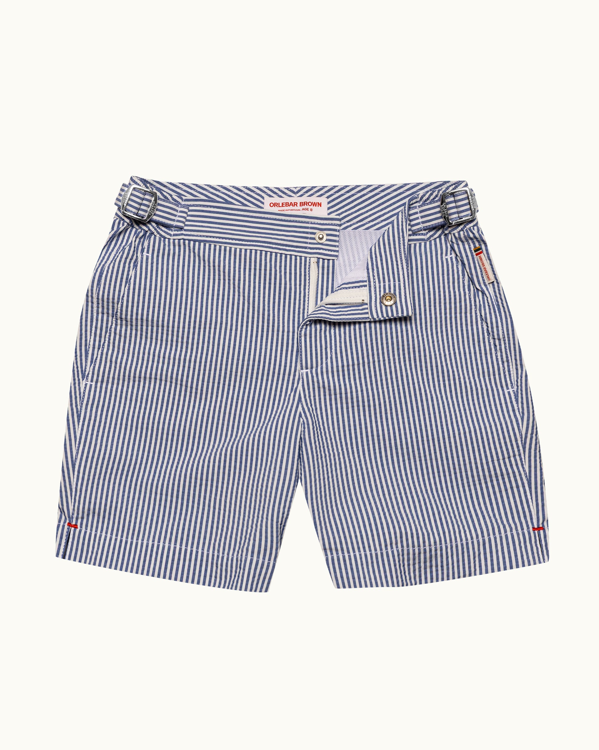 Blue and white striped shorts with a belt on a white background