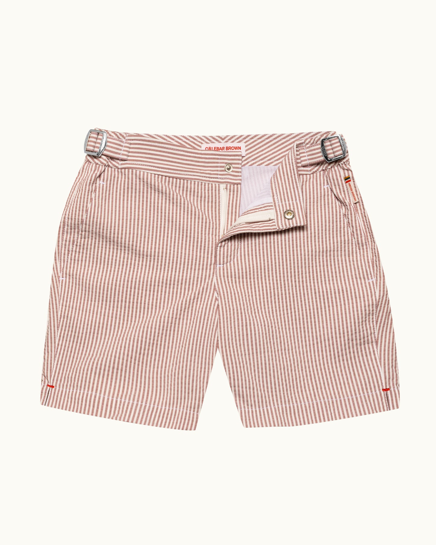 Striped shorts with a belt on a white background