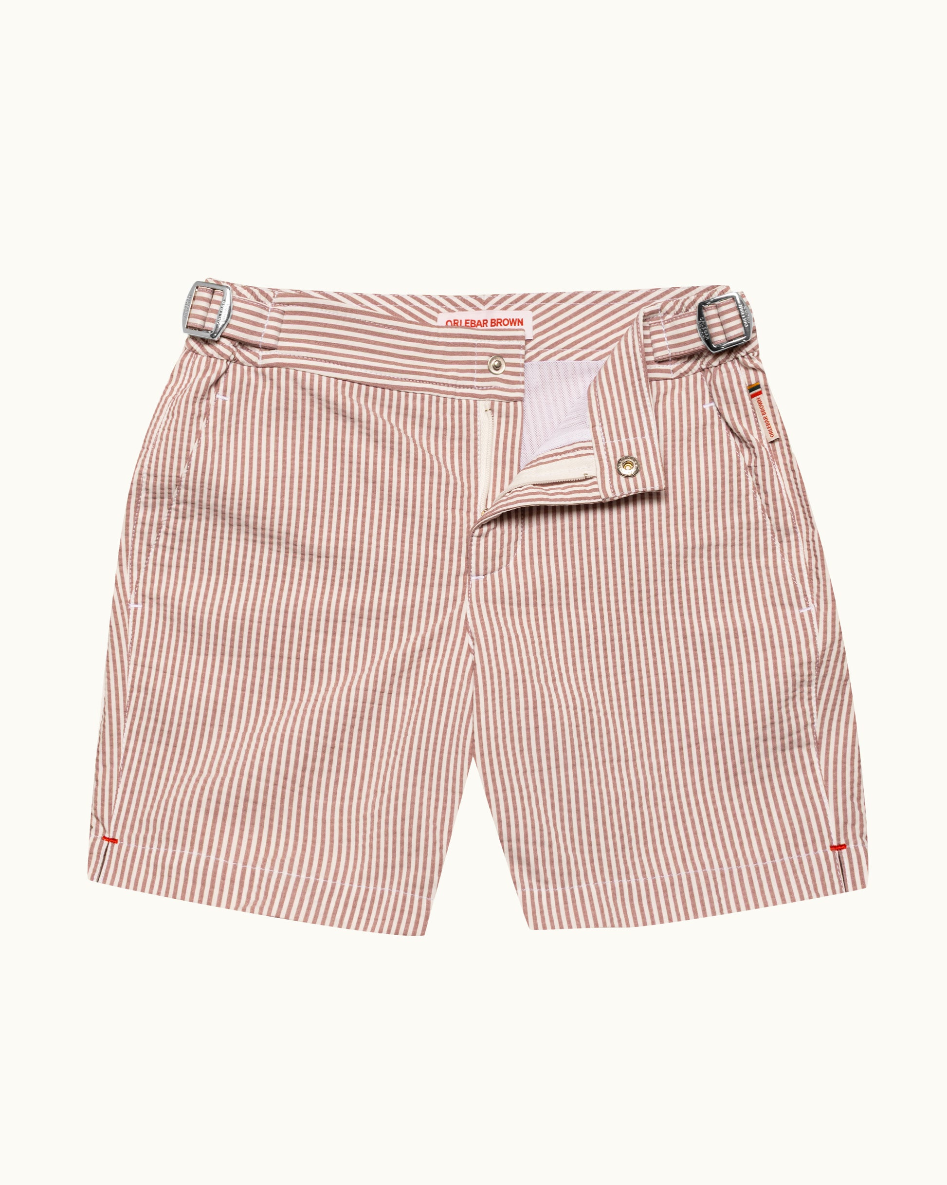 Striped shorts with a belt on a white background