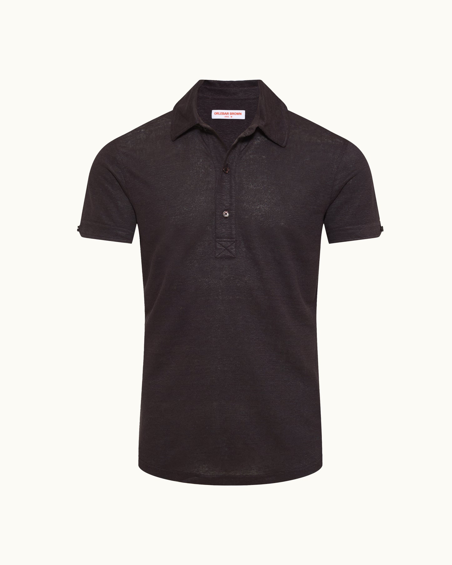 A dark brown short-sleeve polo shirt with a two-button placket, displayed on a clean, solid off-white background.