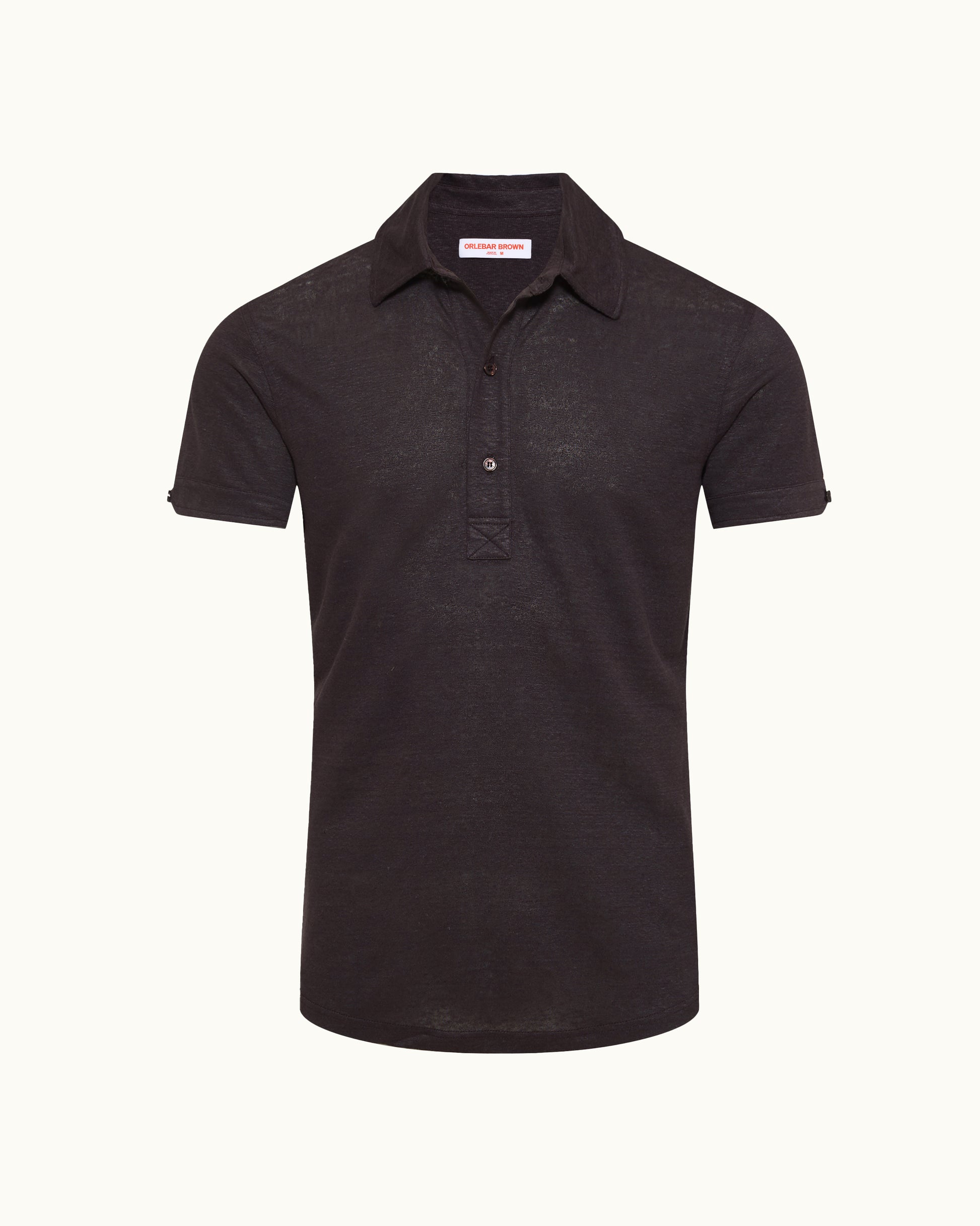 A dark brown short-sleeve polo shirt with a two-button placket, displayed on a clean, solid off-white background.