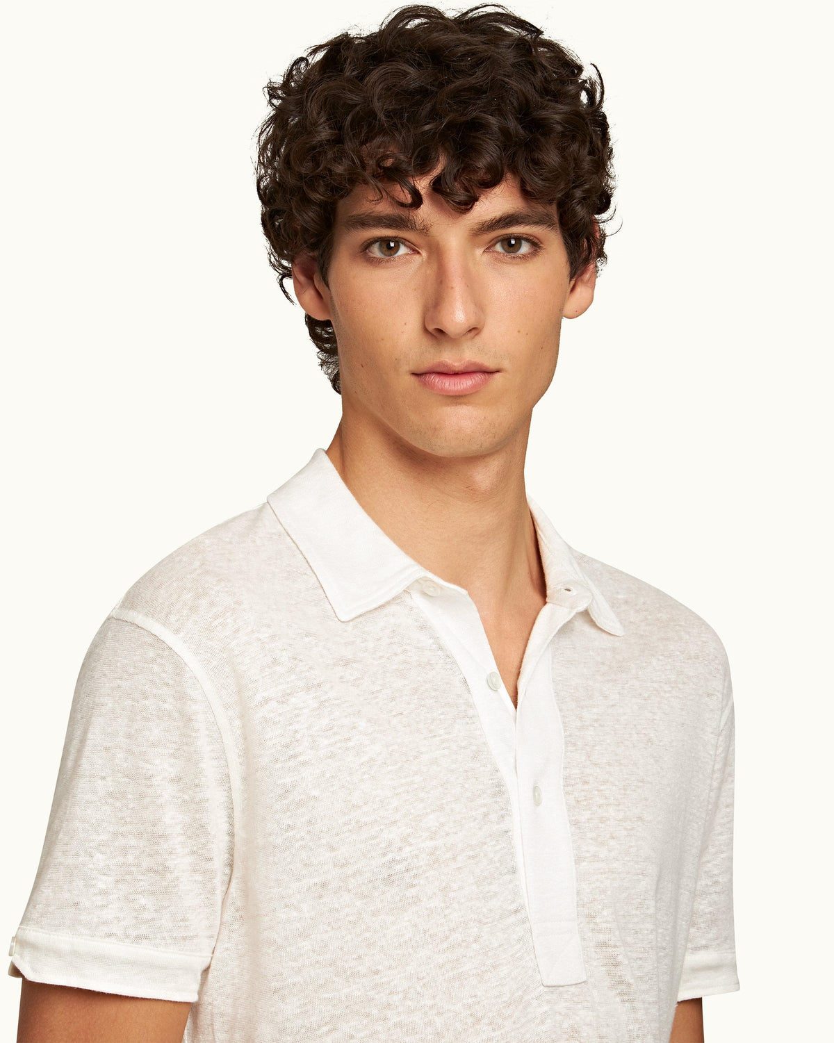 Sebastian Linen - Mens Washed Buttercup Tailored Fit Short-Sleeve Linen Polo Shirt Detail View