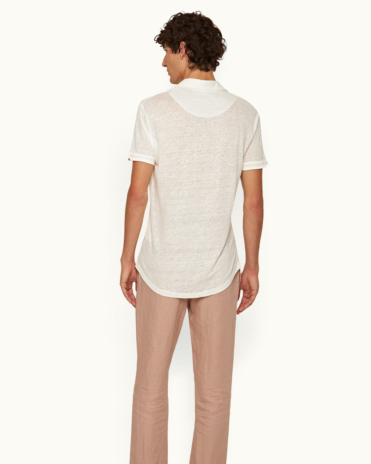 Sebastian Linen - Mens Washed Buttercup Tailored Fit Short-Sleeve Linen Polo Shirt Back Model View
