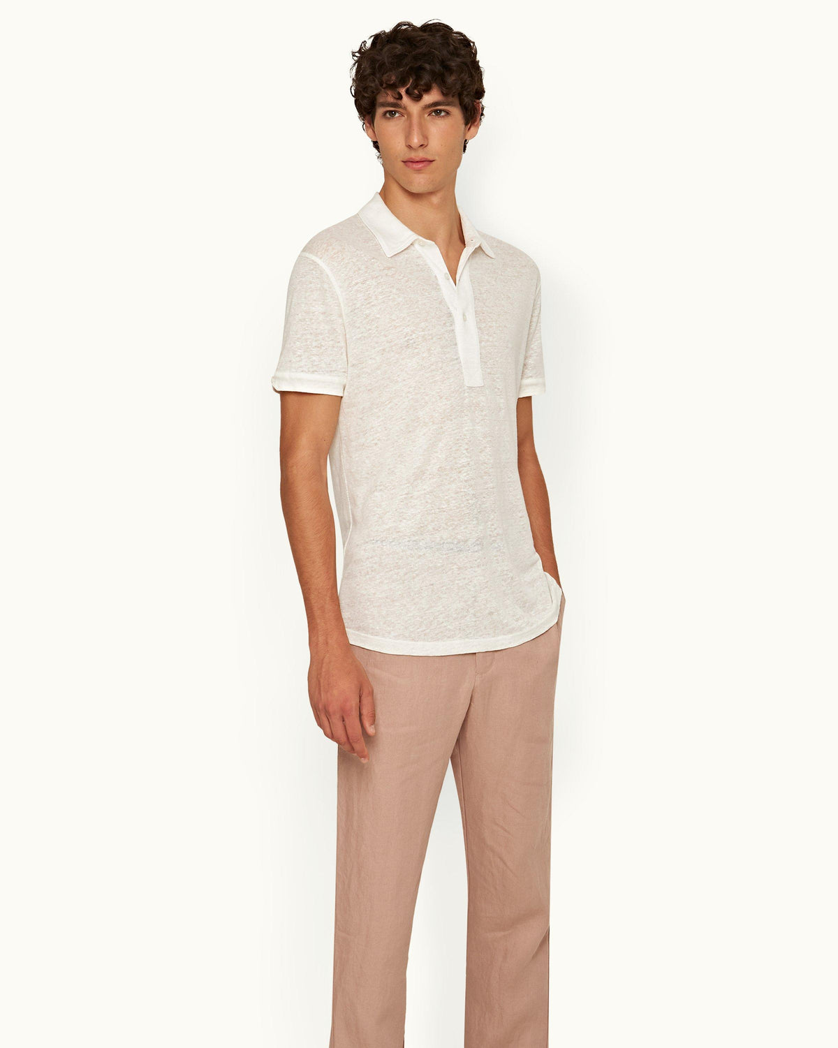 Sebastian Linen - Mens Washed Buttercup Tailored Fit Short-Sleeve Linen Polo Shirt Front Model View