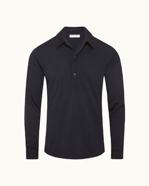Sebastian Merino - Tailored Fit Long-Sleeve Merino Polo Shirt in Night Iris Front View