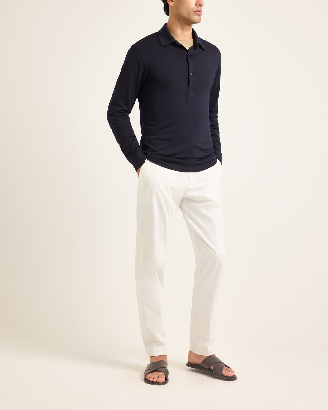 Sebastian Merino - Tailored Fit Long-Sleeve Merino Polo Shirt in Night Iris Model Front View