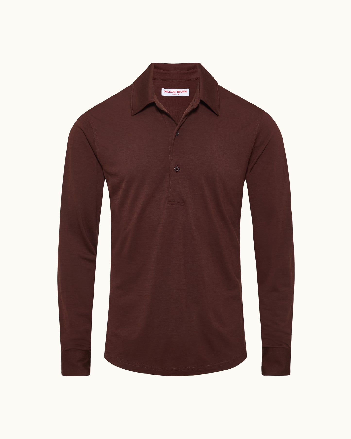 A long-sleeve polo shirt in a deep burgundy color, displayed on a clean, solid off-white background.