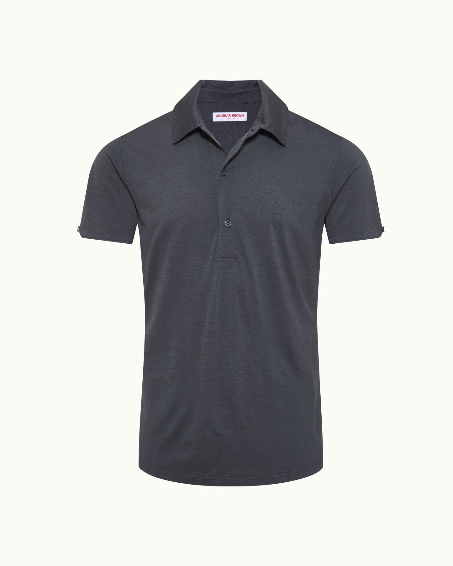 A dark gray short-sleeve polo shirt with a classic collar and button placket, displayed on a clean, solid off-white background.
