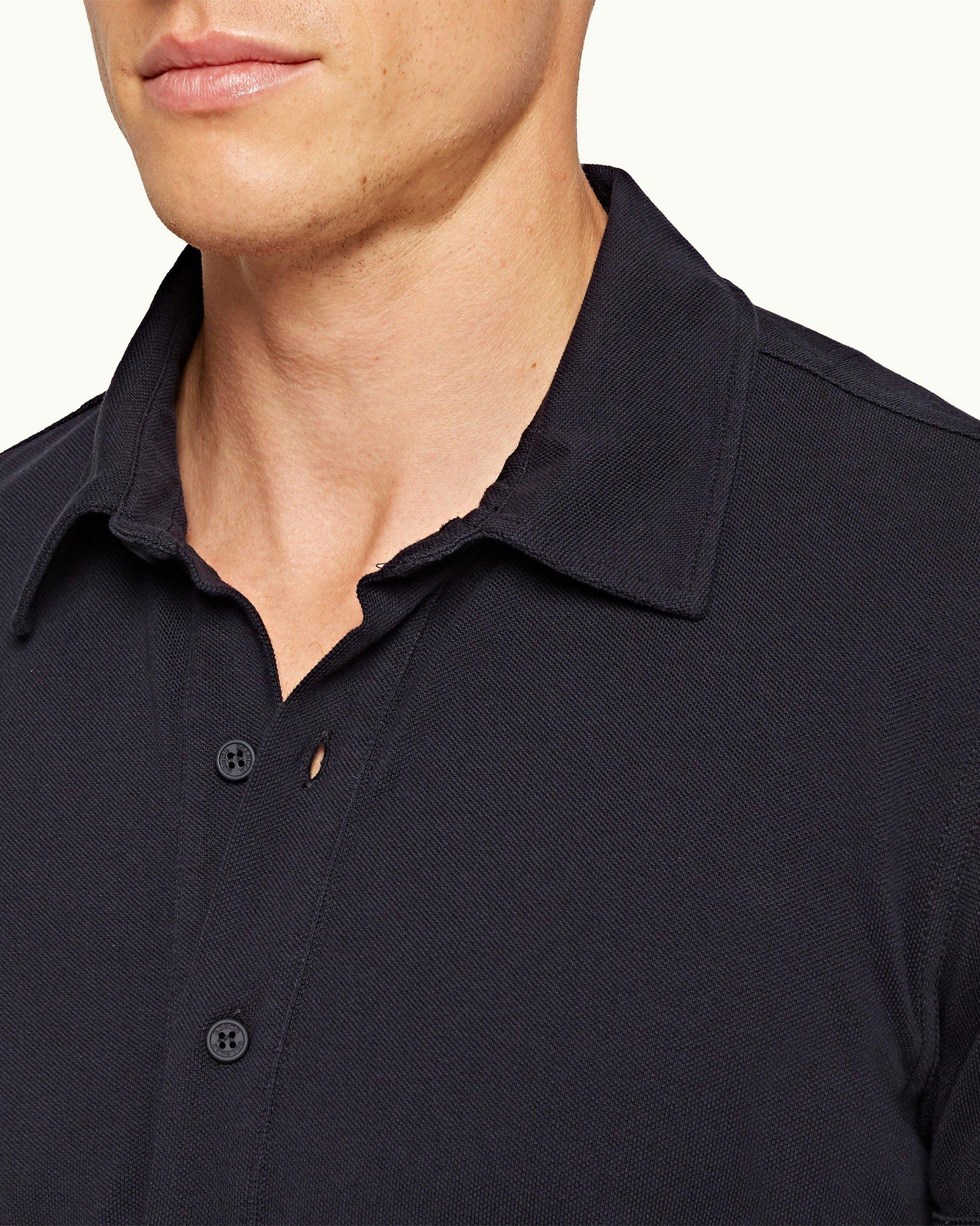 Sebastian - Mens Navy Tailored Fit Pique Polo Shirt Detail View