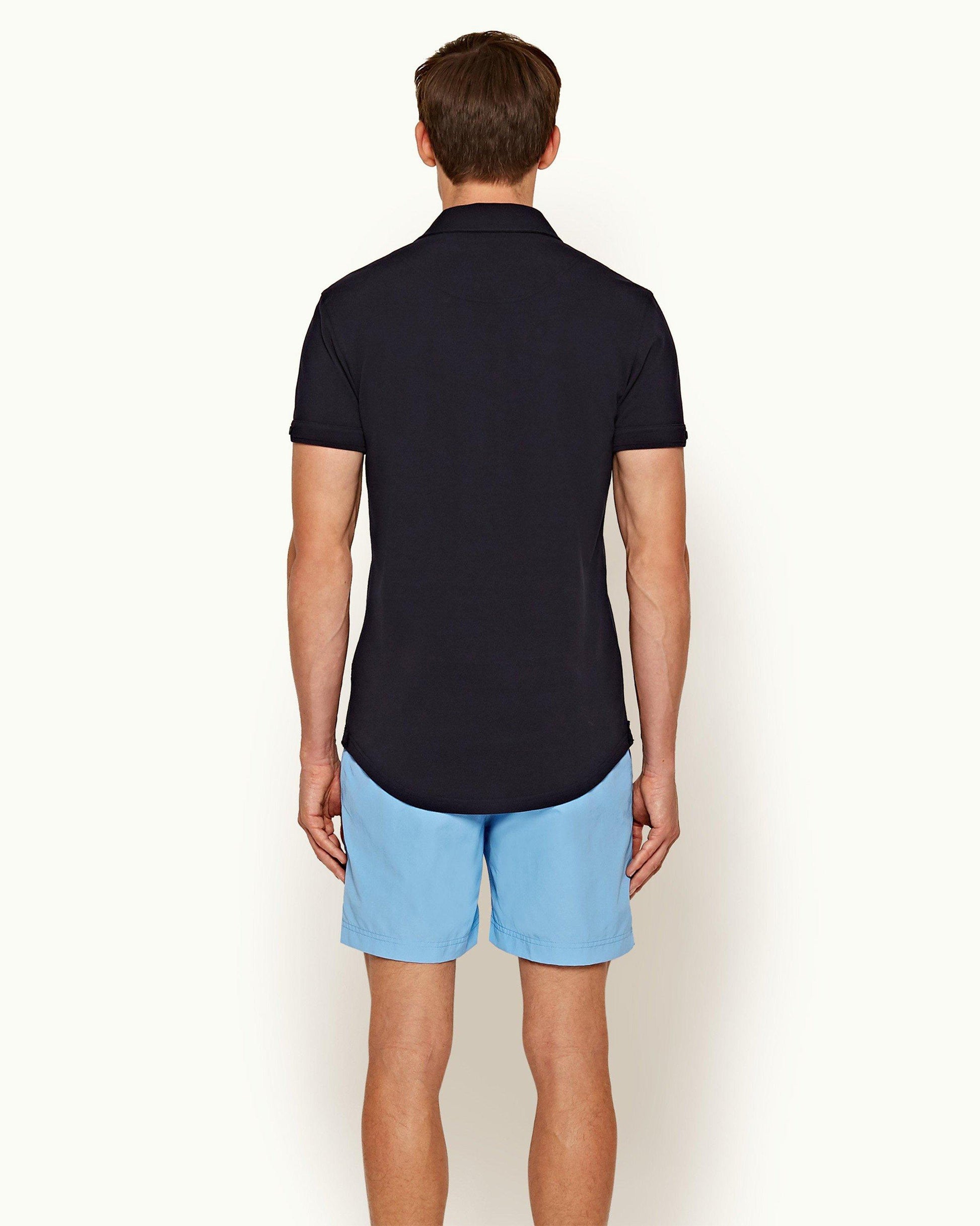 Sebastian - Mens Navy Tailored Fit Pique Polo Shirt Back Model View