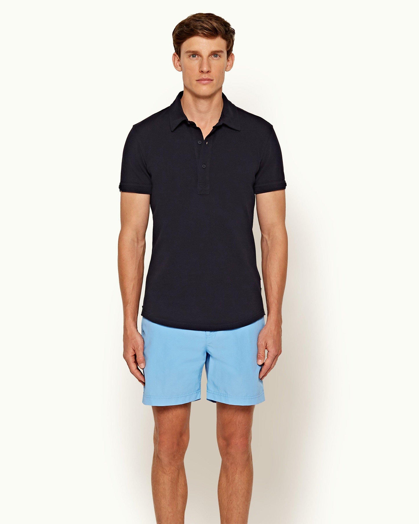 Sebastian - Mens Navy Tailored Fit Pique Polo Shirt Front Model View