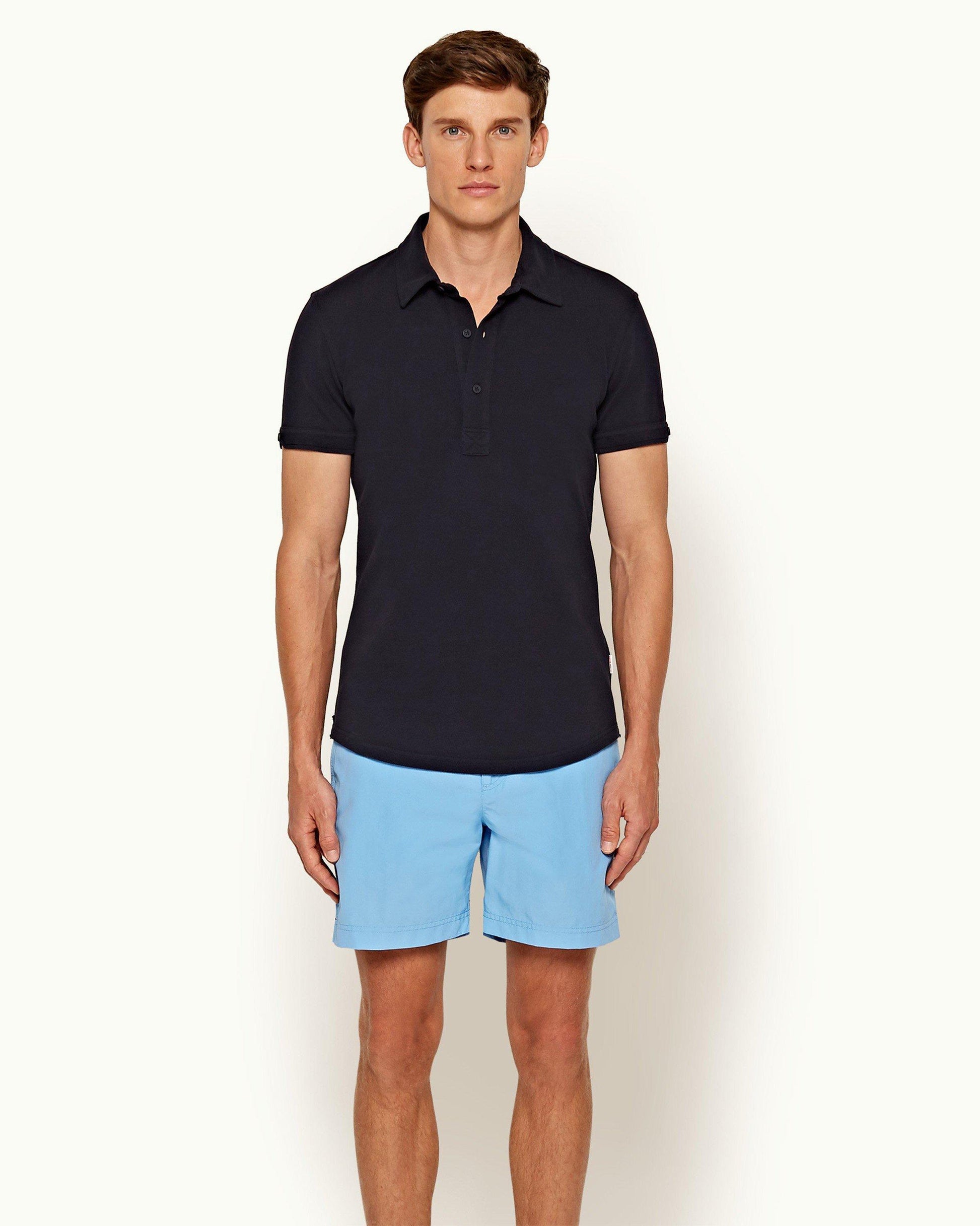 Sebastian - Mens Navy Tailored Fit Pique Polo Shirt Front Model View