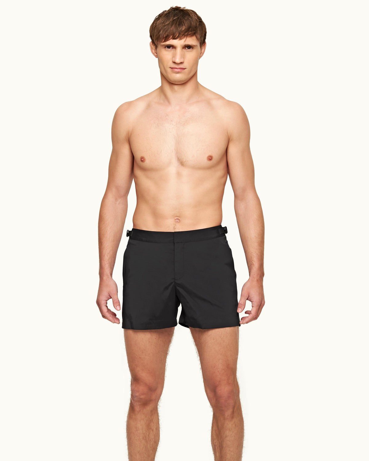 Setter Bonded - Mens Black Bonded Tape Shorter-Length Swim Short Front Model View