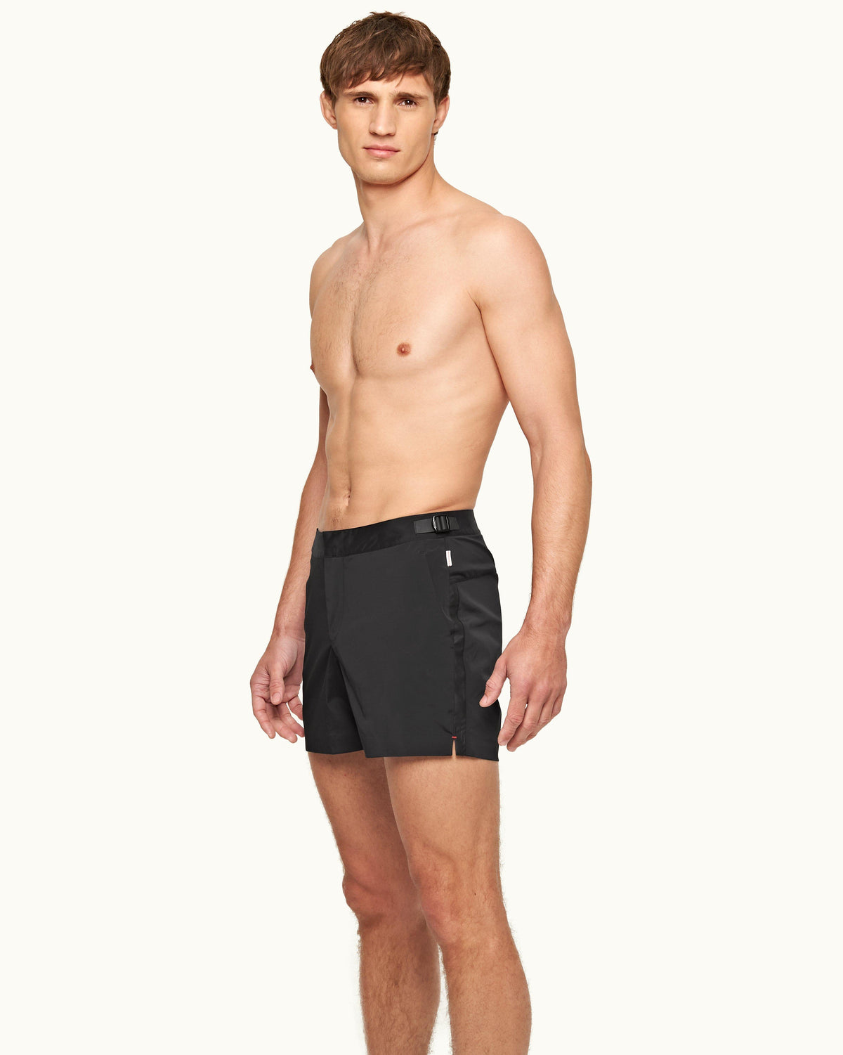 Setter Bonded - Mens Black Bonded Tape Shorter-Length Swim Short Left Angle Model View