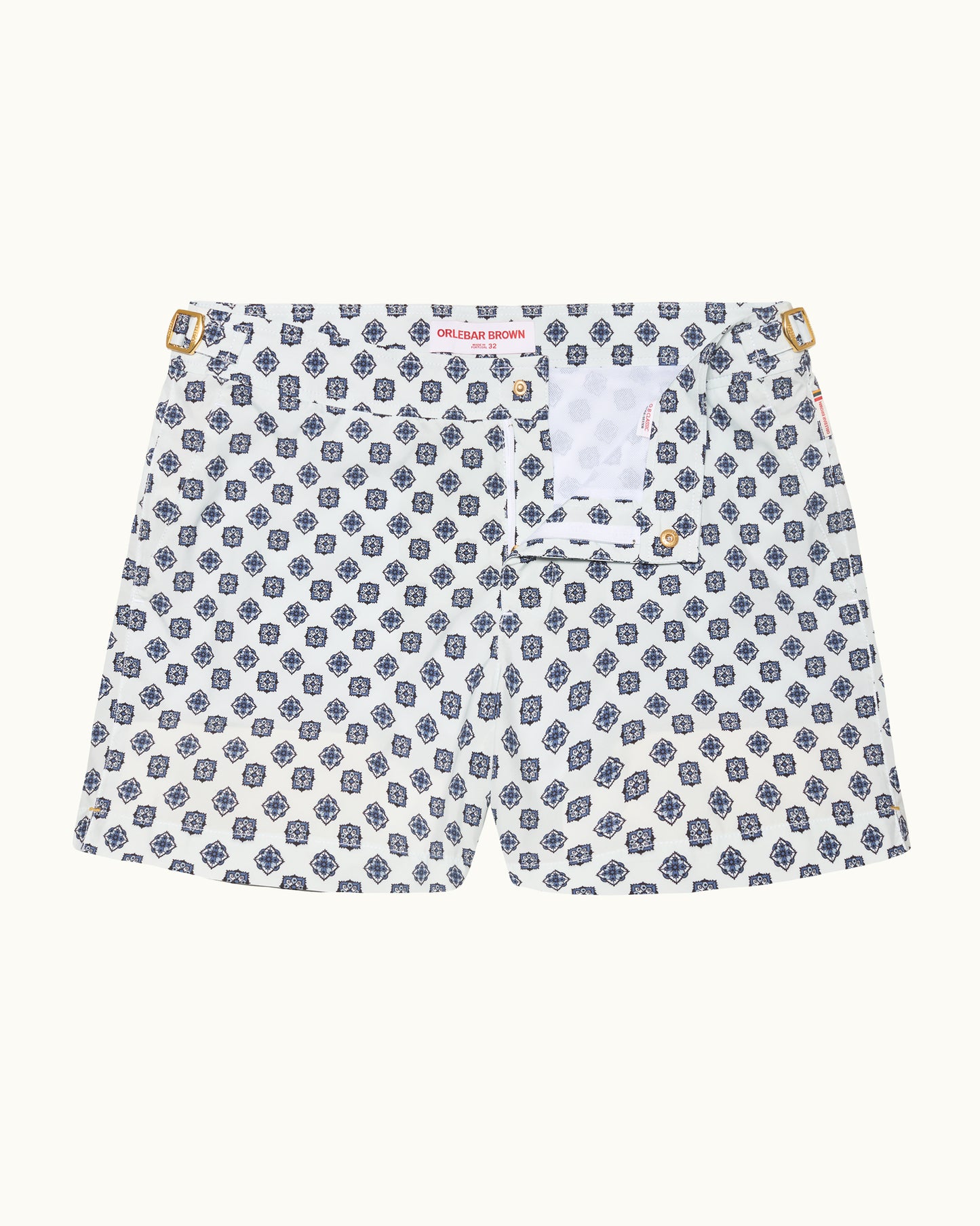 White shorts with blue pattern on a white background