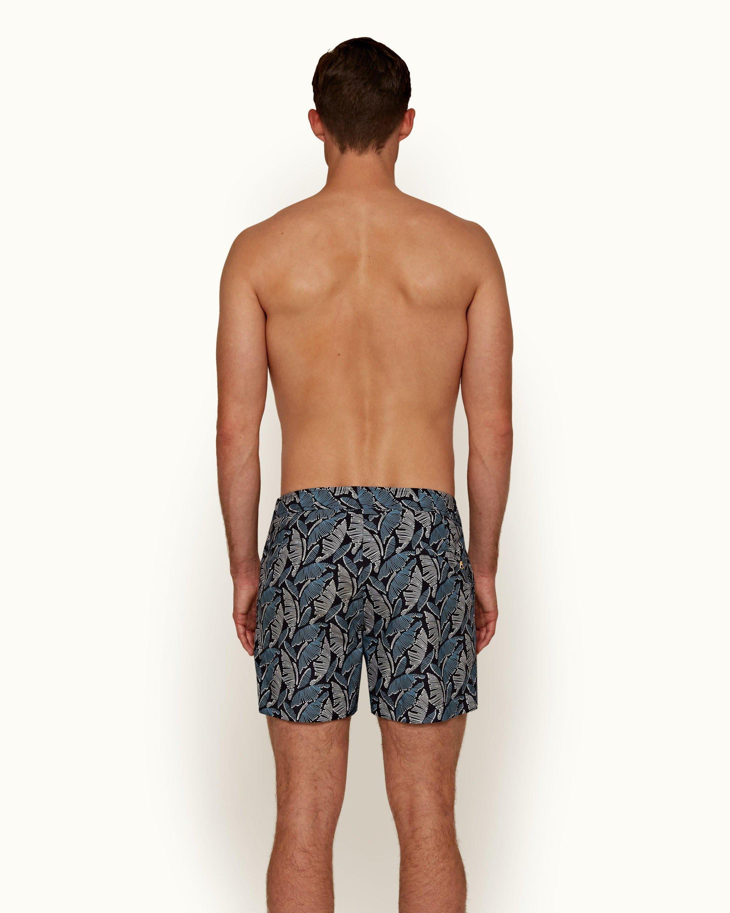 Setter - Mens Maya Blue/Navy Mantaro Print Shorter-Length Swim Shorts Back Model View