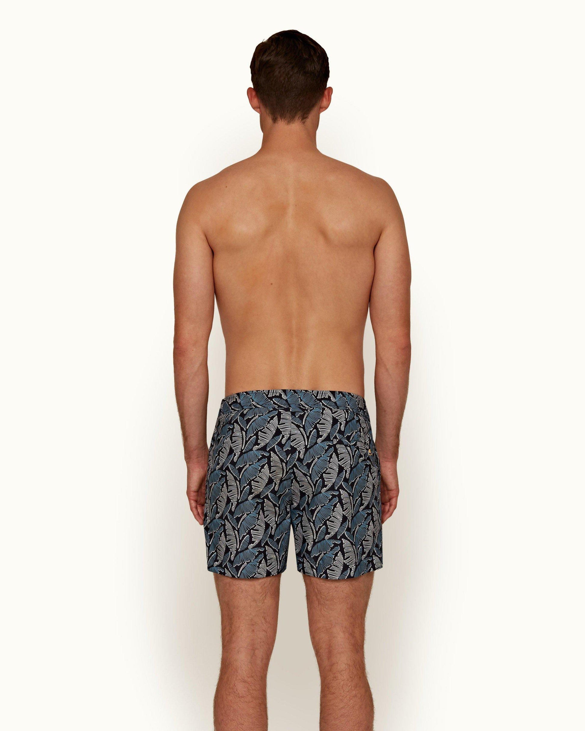 Setter - Mens Maya Blue/Navy Mantaro Print Shorter-Length Swim Shorts Back Model View