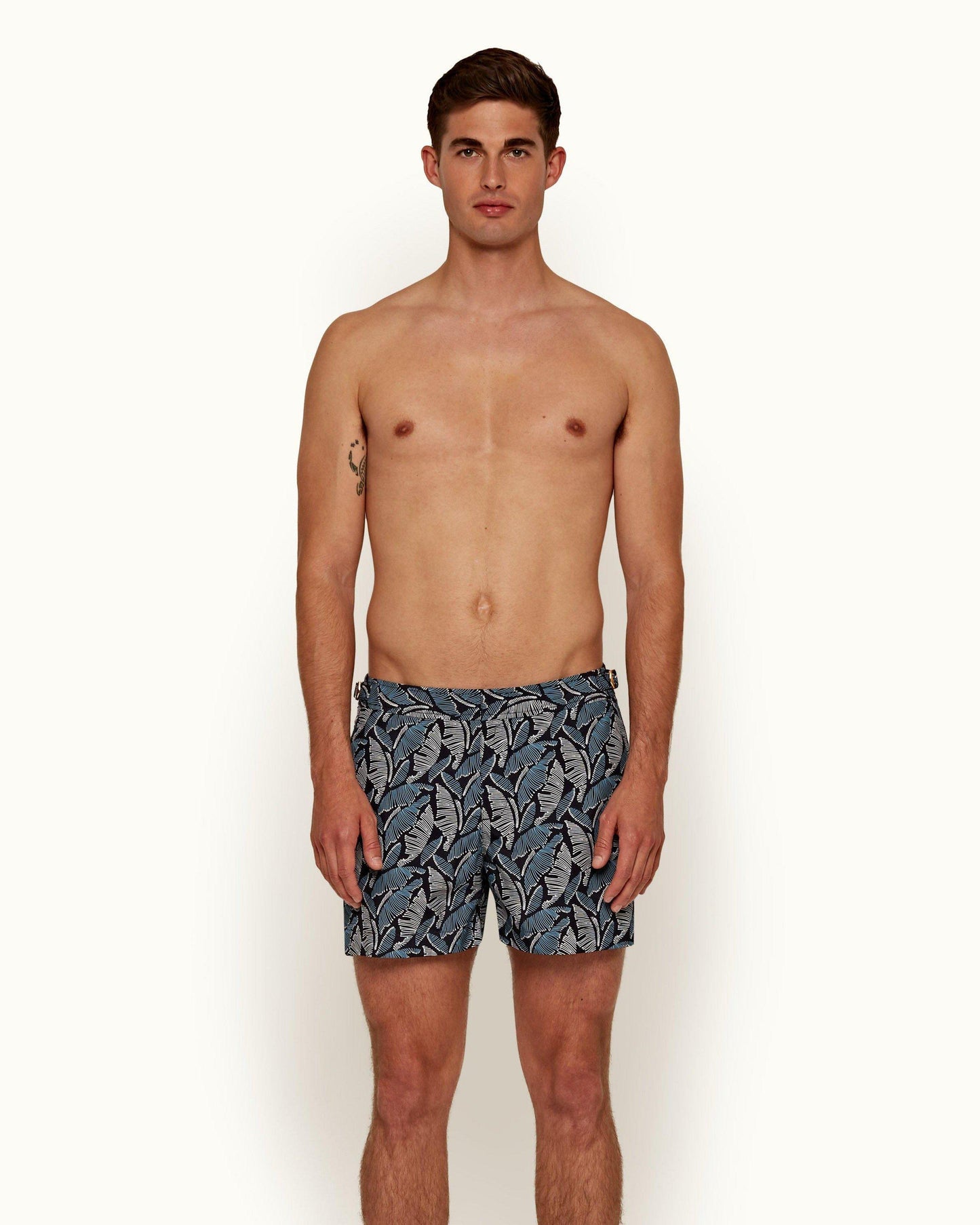 Setter - Mens Maya Blue/Navy Mantaro Print Shorter-Length Swim Shorts Front Model View