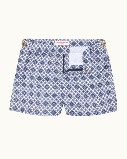 Setter - Shorter-Length Paisley Season Print Swim Shorts in White Sand Front View