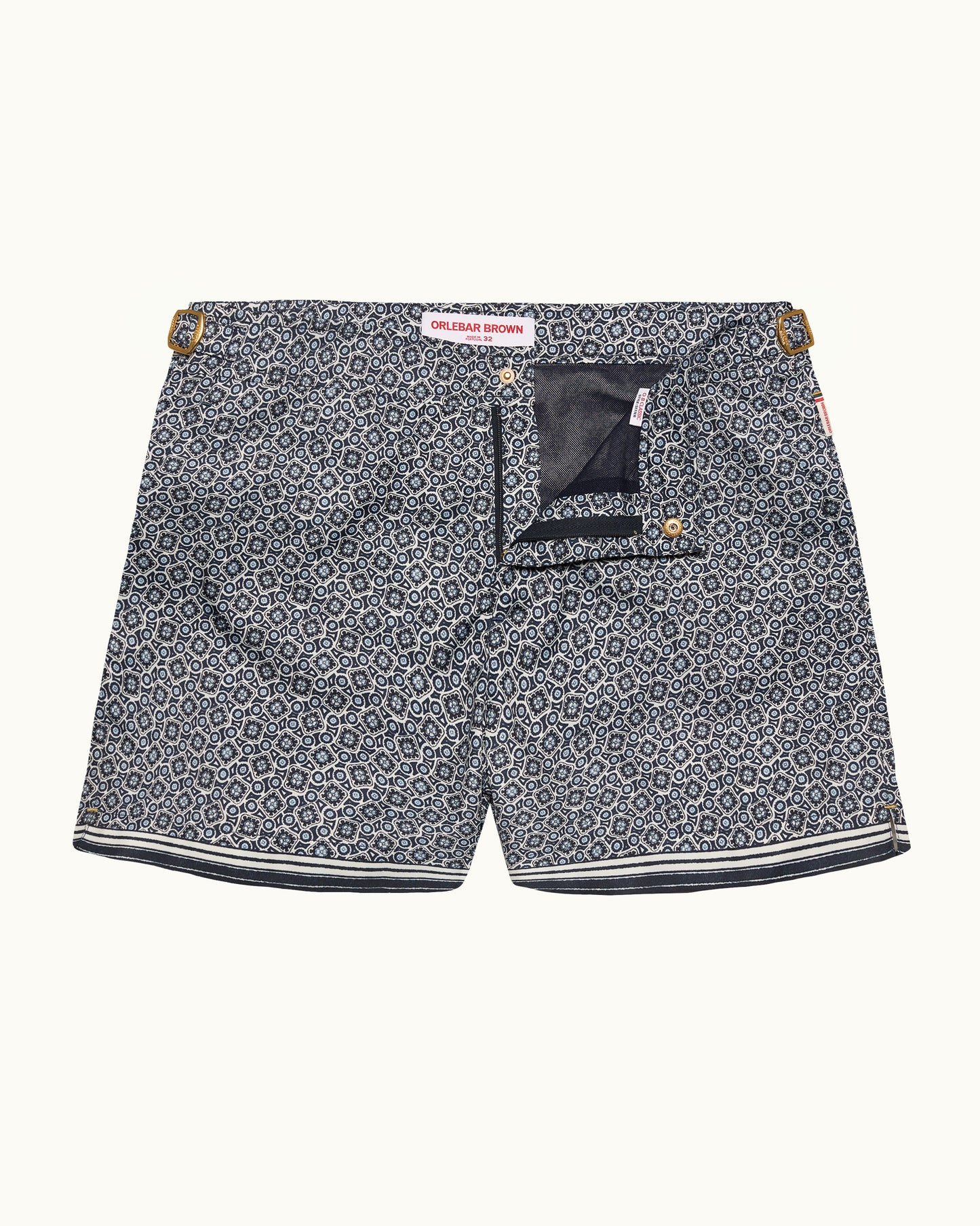 Patterned shorts with a visible brand label on a white background