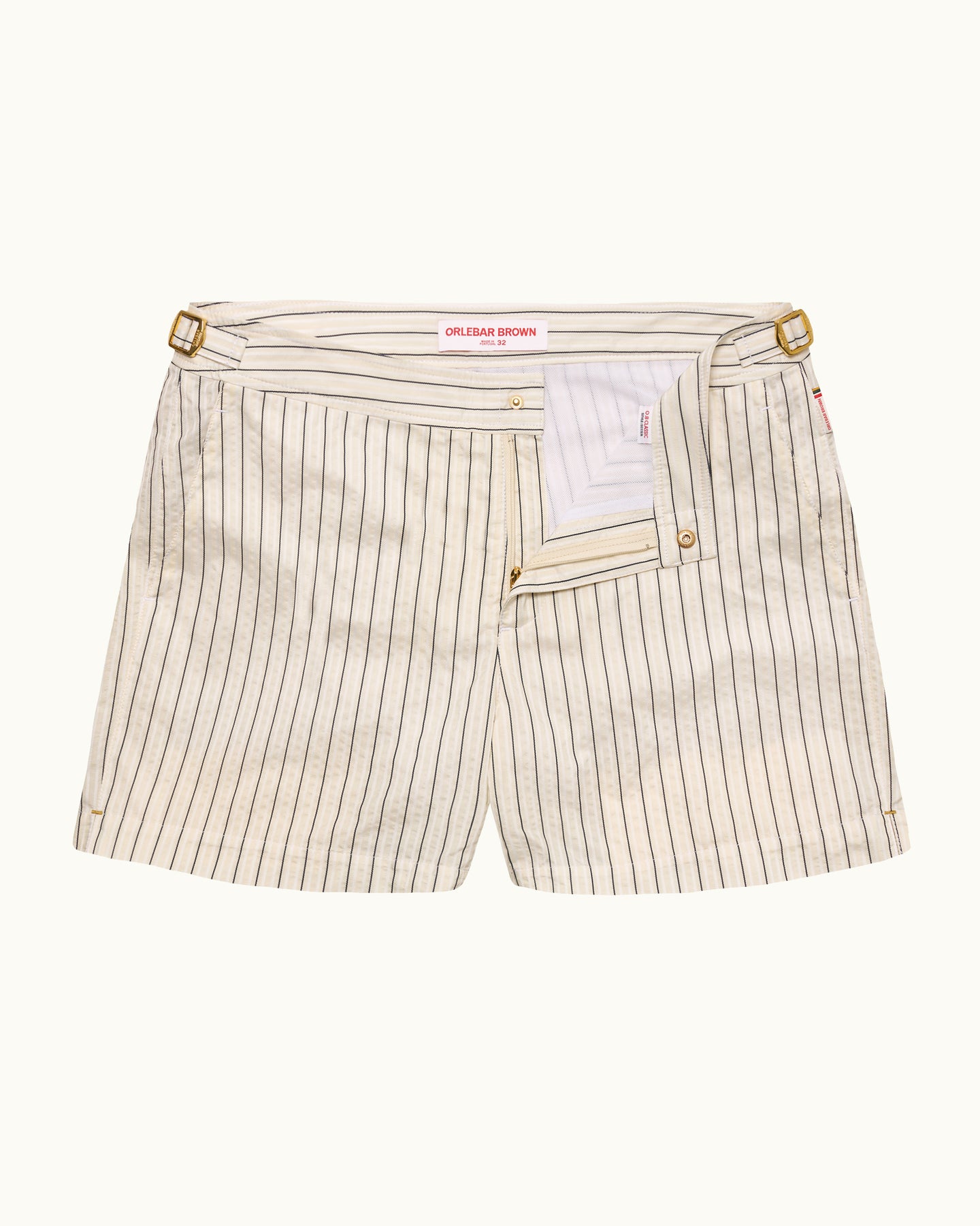 Pinstripe shorts with a visible brand label on a white background