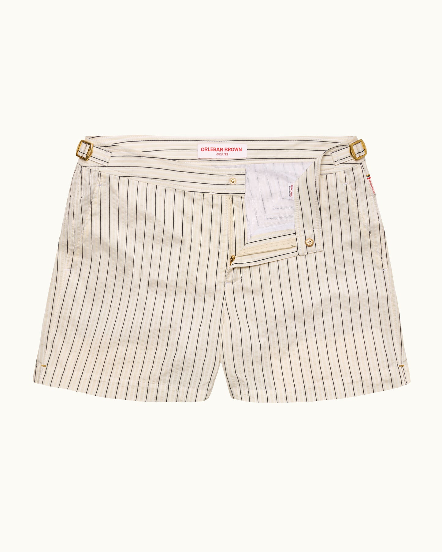 Pinstripe shorts with a visible brand label on a white background