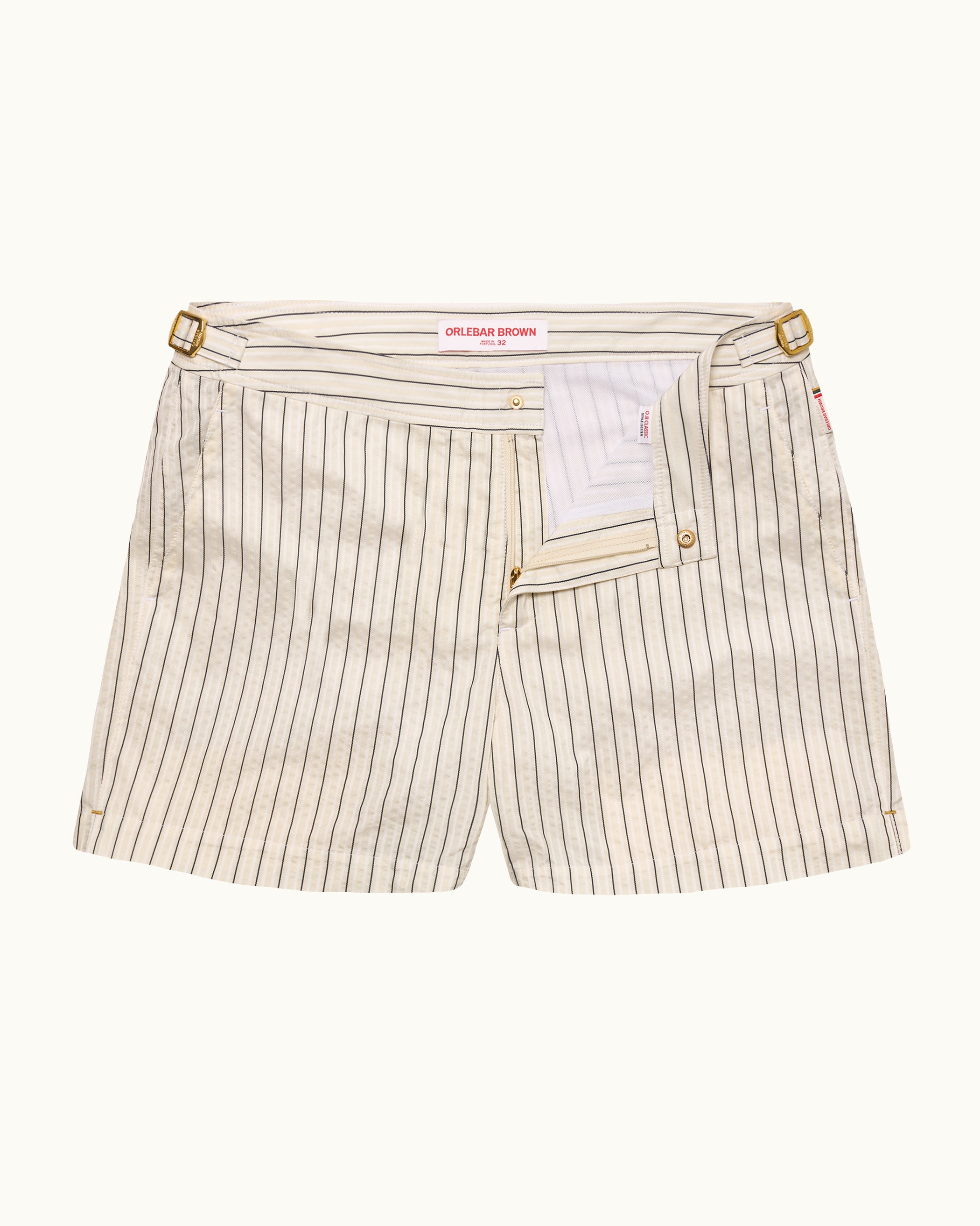 Pinstripe shorts with a visible brand label on a white background