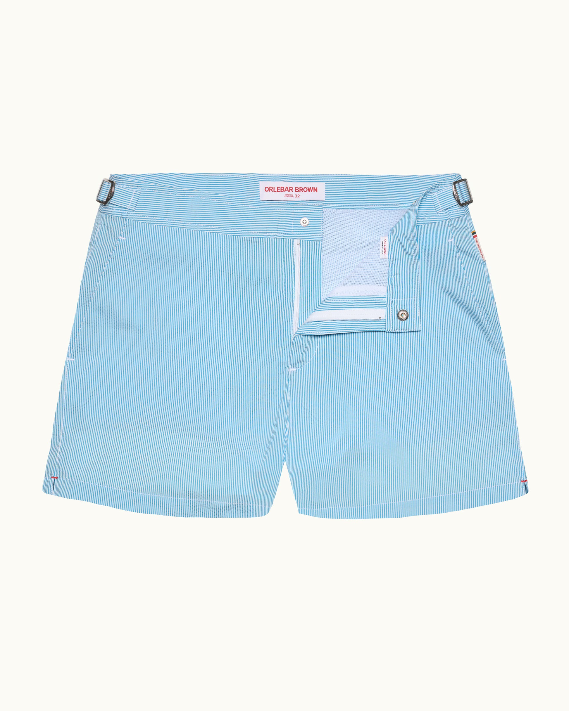 Setter Seersucker - Shorter-Length Seersucker Stripe Swim Shorts in Aqua Blue/White Stripe Front View
