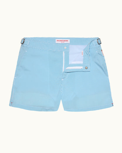 Setter Seersucker - Shorter-Length Seersucker Stripe Swim Shorts in Aqua Blue/White Stripe Front View
